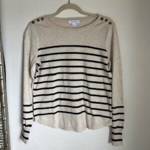 🧡3/15 Liz Claiborne Cream Black Striped Lightweight Sweater Women’s S